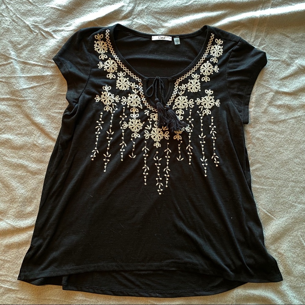 Embroidered cap-sleeved top